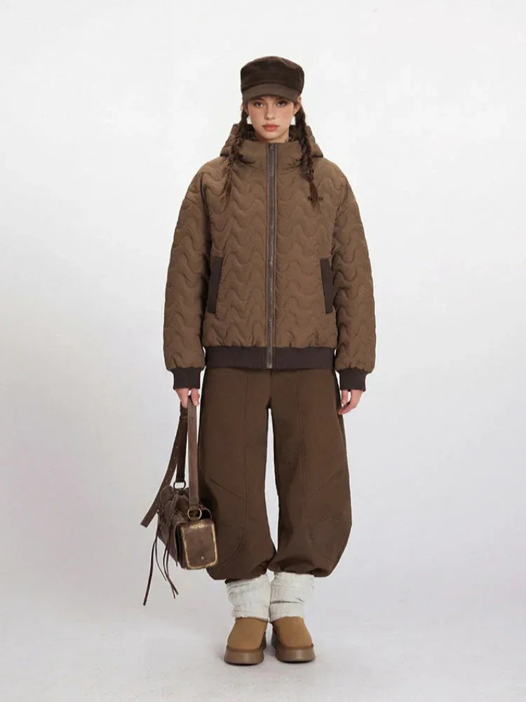 Vintage Mocha Wavy Quilted Hooded Puffer Jacket - TEVQA