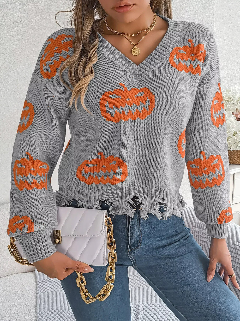 Distressed Pumpkin Knit Sweater - View 10 | TEVQA