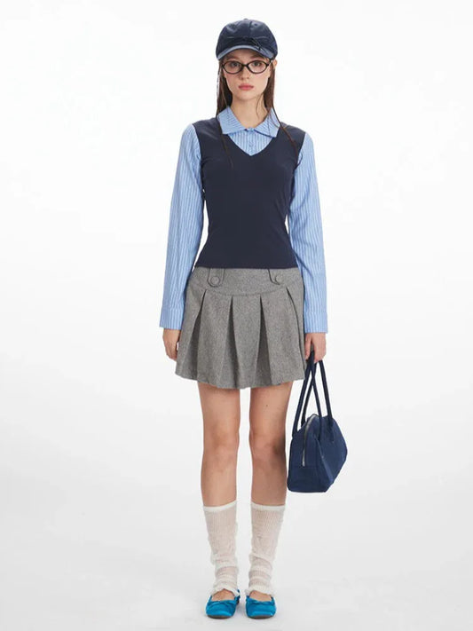 Preppy Faux Two-Piece Layered Top - TEVQA