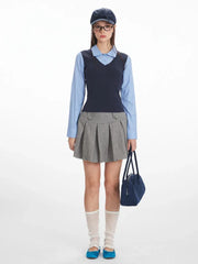 Preppy Faux Two-Piece Layered Top - TEVQA