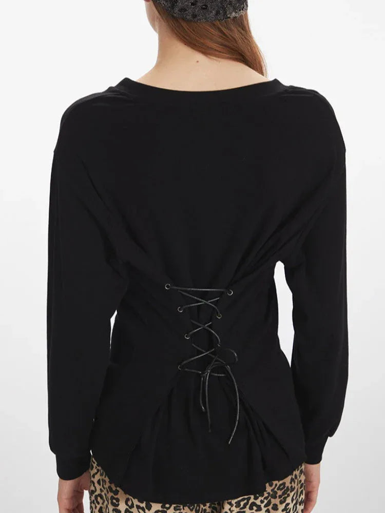 Black long sleeve top with lace up back detail - View 6 | TEVQA