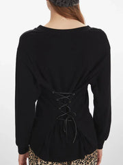 Black long sleeve top with lace up back detail - View 6 | TEVQA