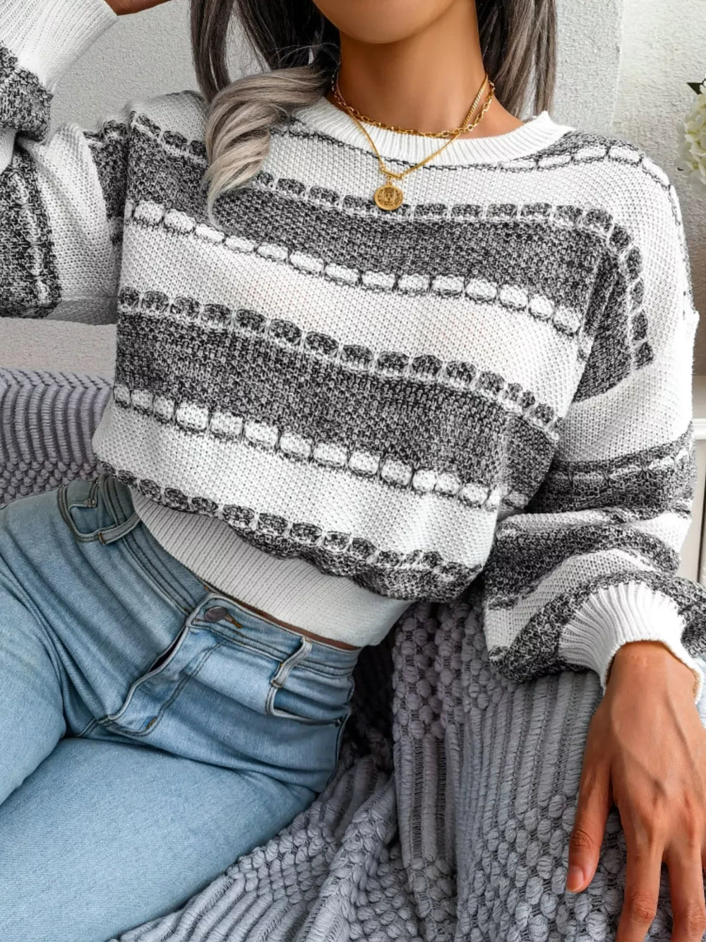 Striped Textured Knit Sweater - View 7 | TEVQA