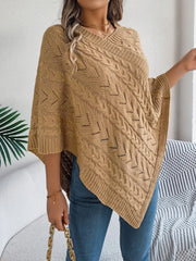 White Cable Knit V-Neck Poncho Sweater - TEVQA