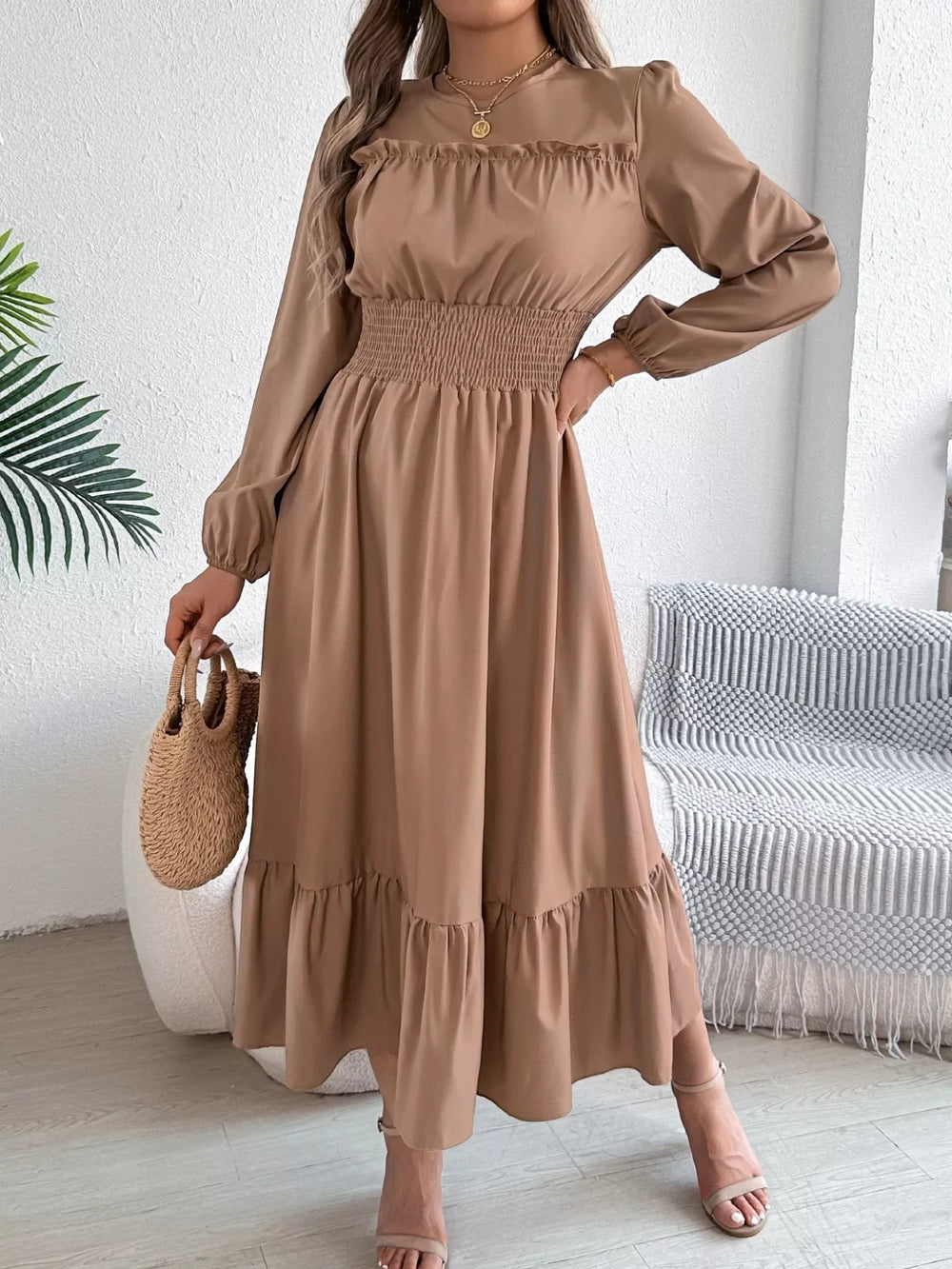 Emerald Green Ruffle Smocked Waist Maxi Dress - View 16 | TEVQA