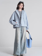 Hooded Zip-Up Windbreaker Jacket Light Blue