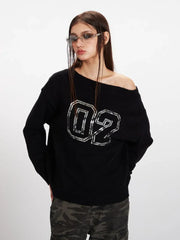 Vintage Black Sequin '02' Off-Shoulder Sweater - TEVQA