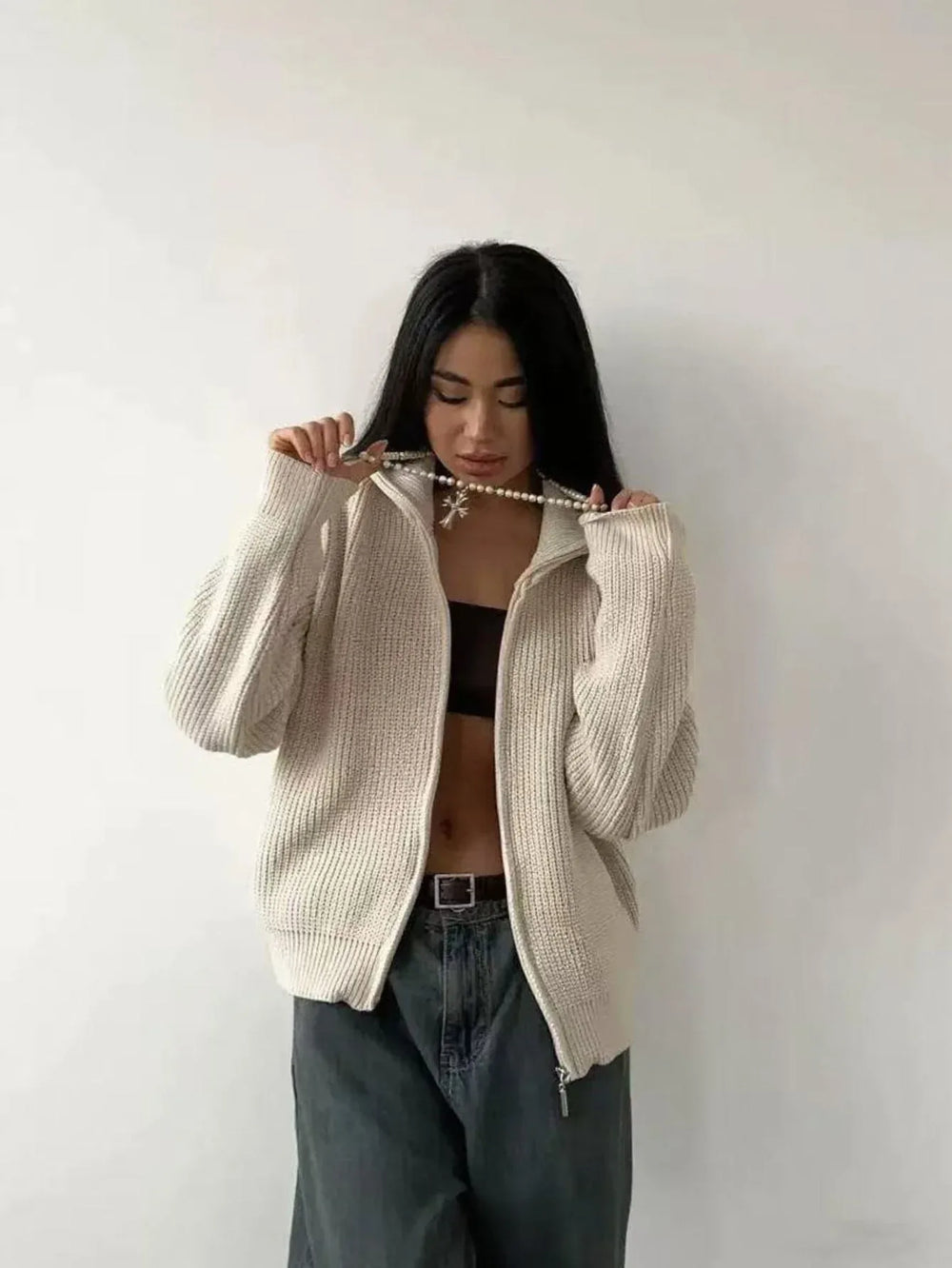Classic Ribbed Zip Cardigan - View 6 | TEVQA