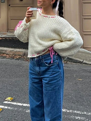Chunky knit sweater with pink ribbon detail - View 8 | TEVQA