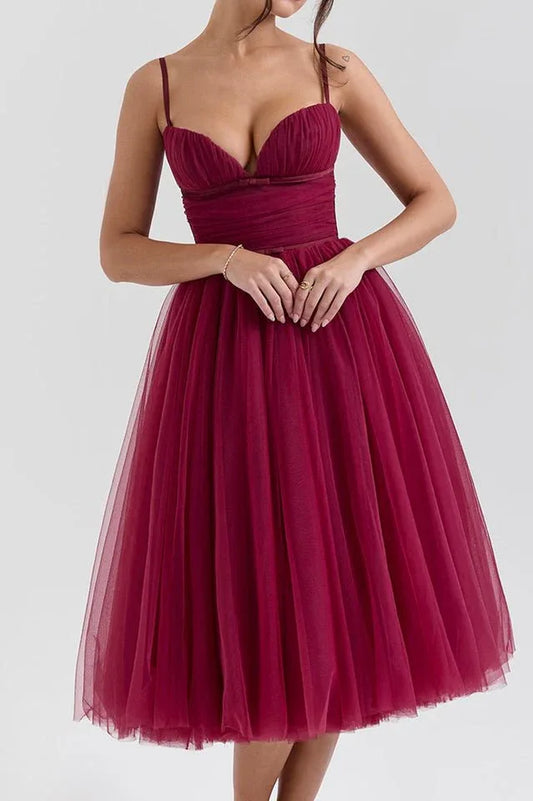 Countess Cabernet Tulle Midi Dress - TEVQA