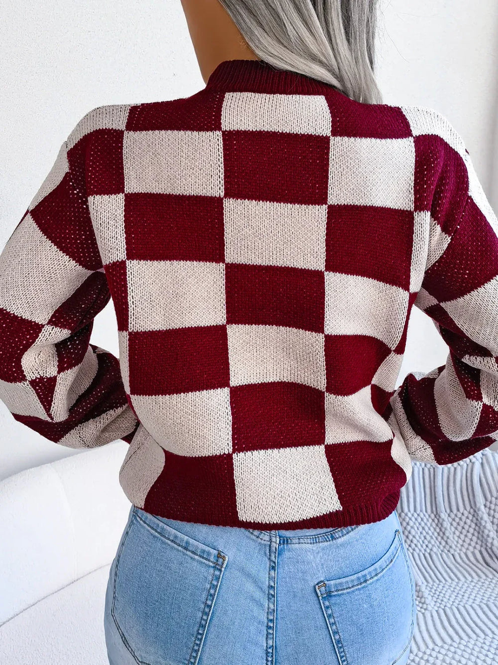 Black and white checkerboard knit mock neck sweater - View 18 | TEVQA