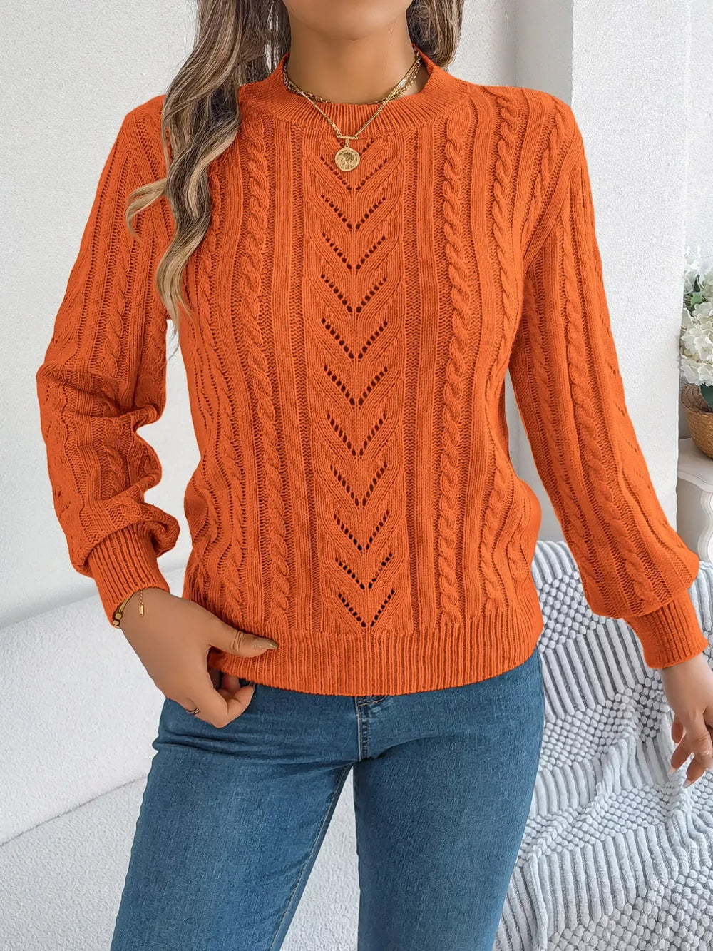 Women's Rust Cable Knit Sweater - TEVQA