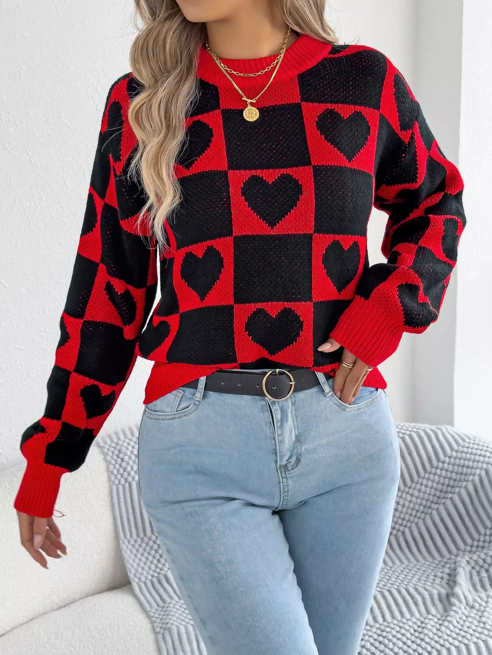 Heart Checkerboard Sweater - View 6 | TEVQA