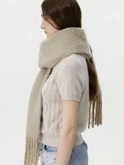 Soft dusty blue wool blend scarf with extra long tassels - View 7 | TEVQA