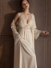 Lace Trim Satin Robe and Slip Set - View 6 | TEVQA