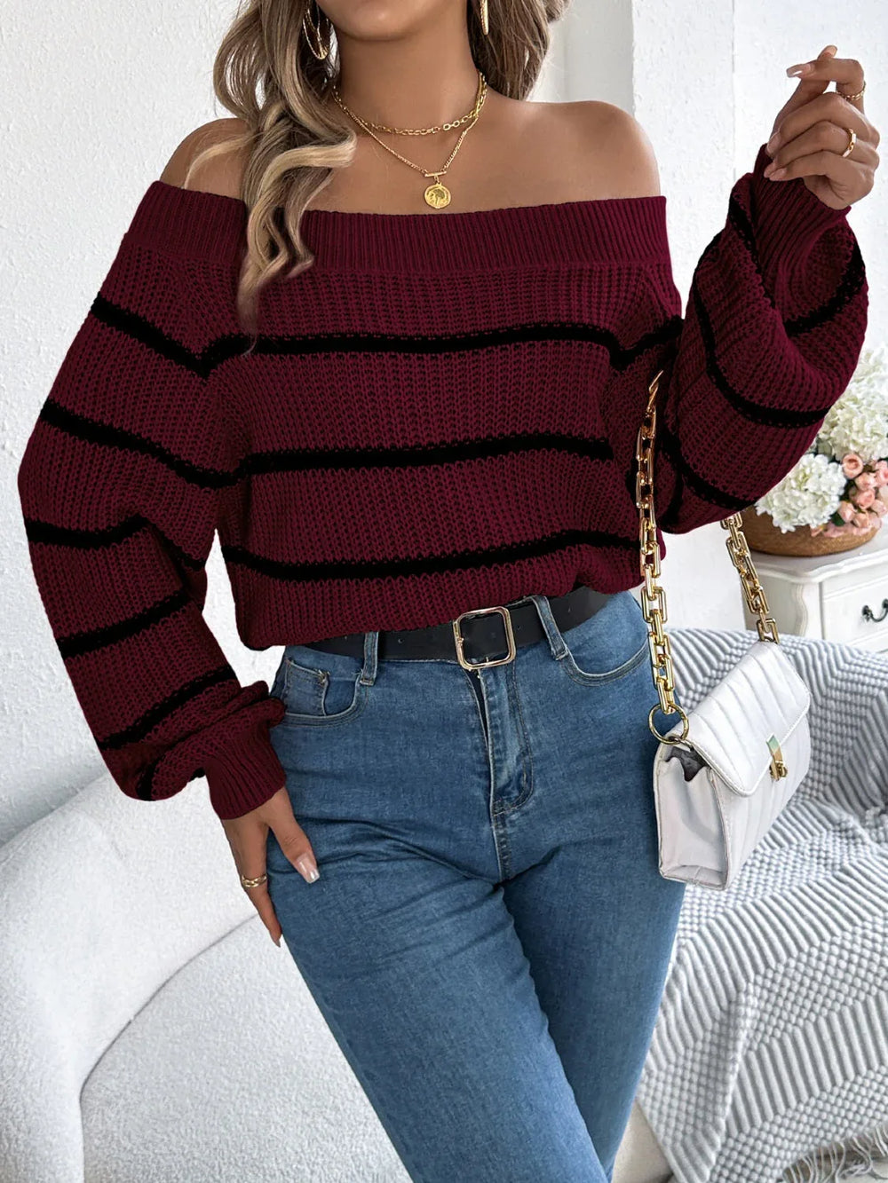 White Striped Off-Shoulder Knit Sweater - TEVQA