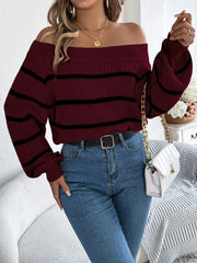 White Striped Off-Shoulder Knit Sweater - TEVQA