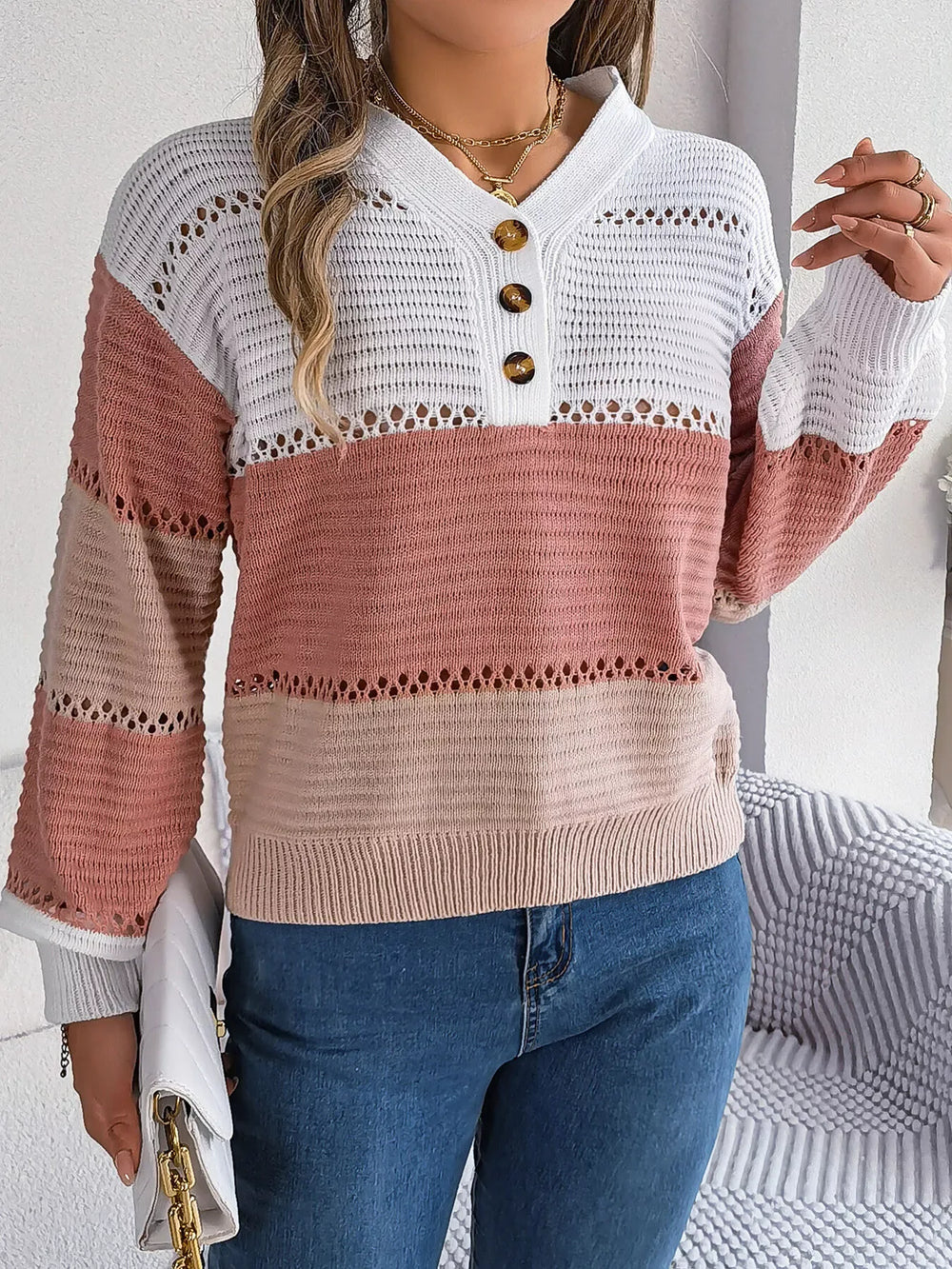 Color block knit henley sweater - View 13 | TEVQA
