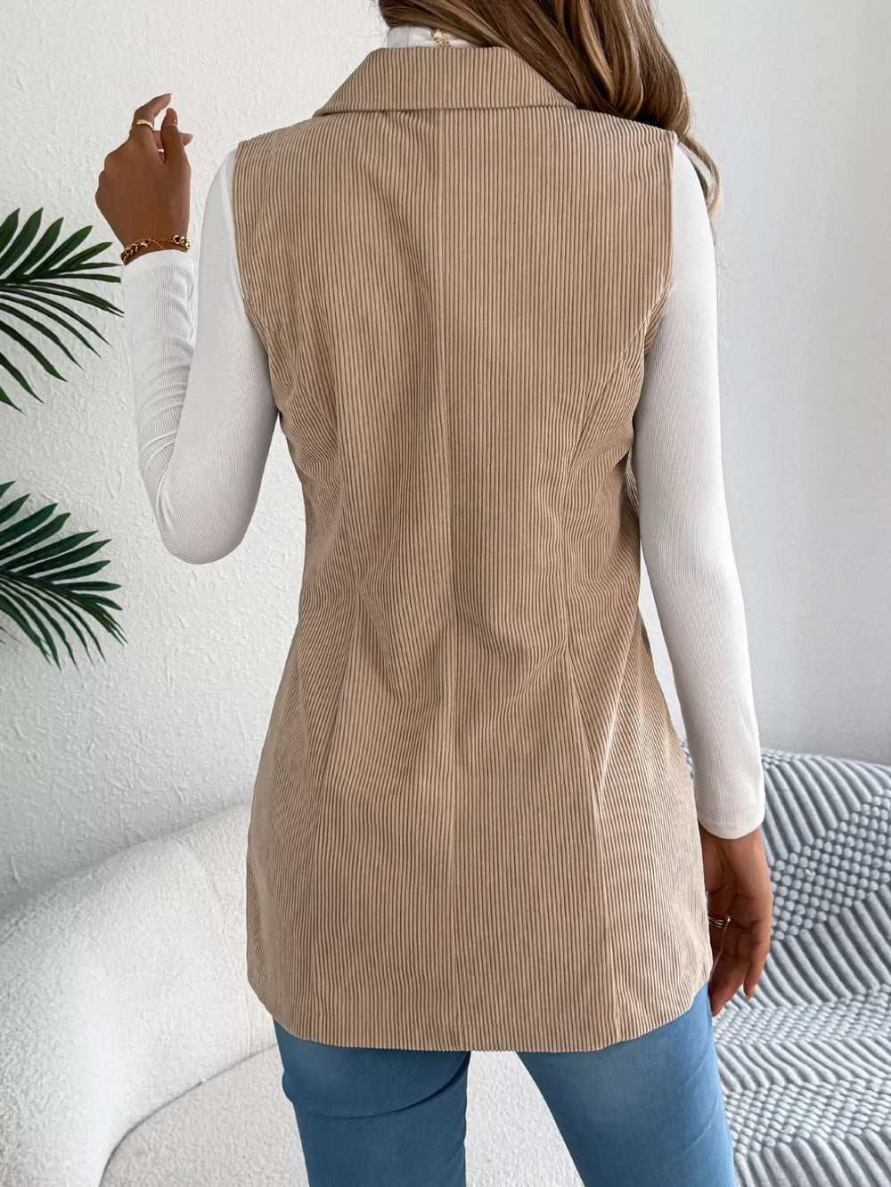 Beige Corduroy Button Down Vest - TEVQA