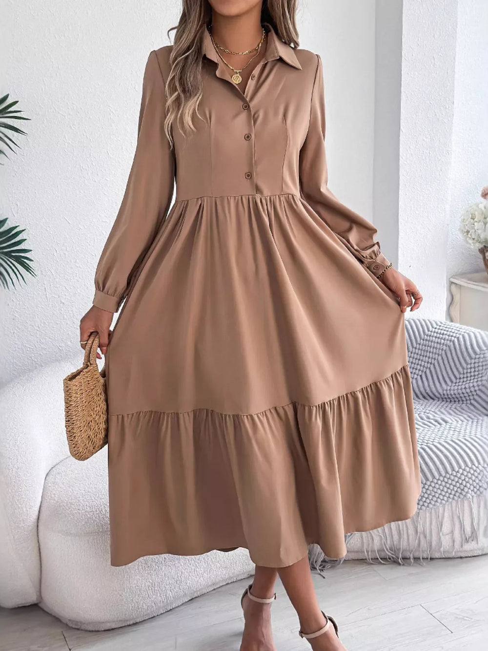 Navy Blue Ruffled Tiered Shirt Dress - View 21 | TEVQA