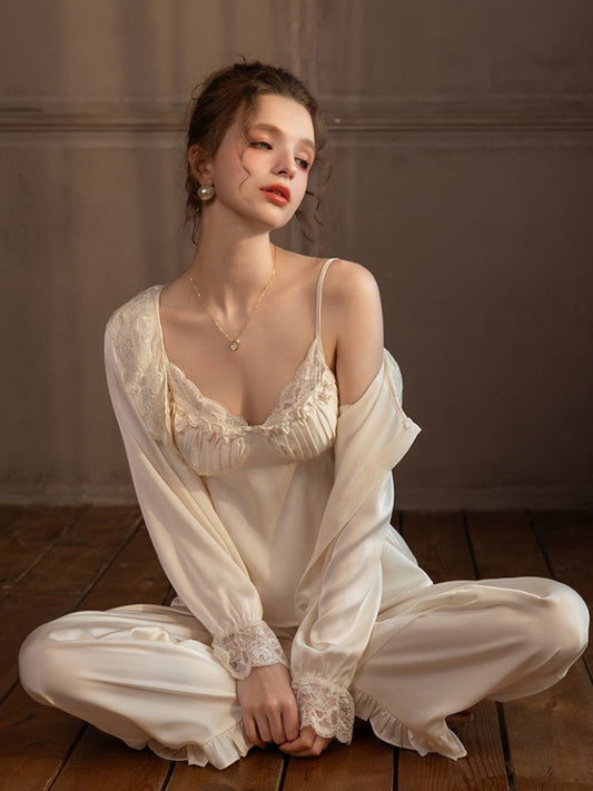 Lace Trim Satin 3-Piece Pajama Set
