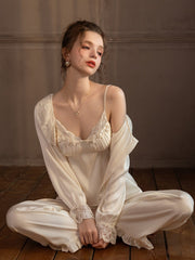 Lace Trim Satin 3-Piece Pajama Set