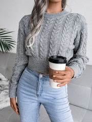 White Cable Knit Cinched Waist Crop Sweater