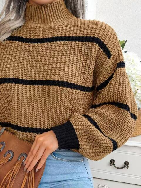 Striped mock neck sweater with lantern sleeves - View 6 | TEVQA