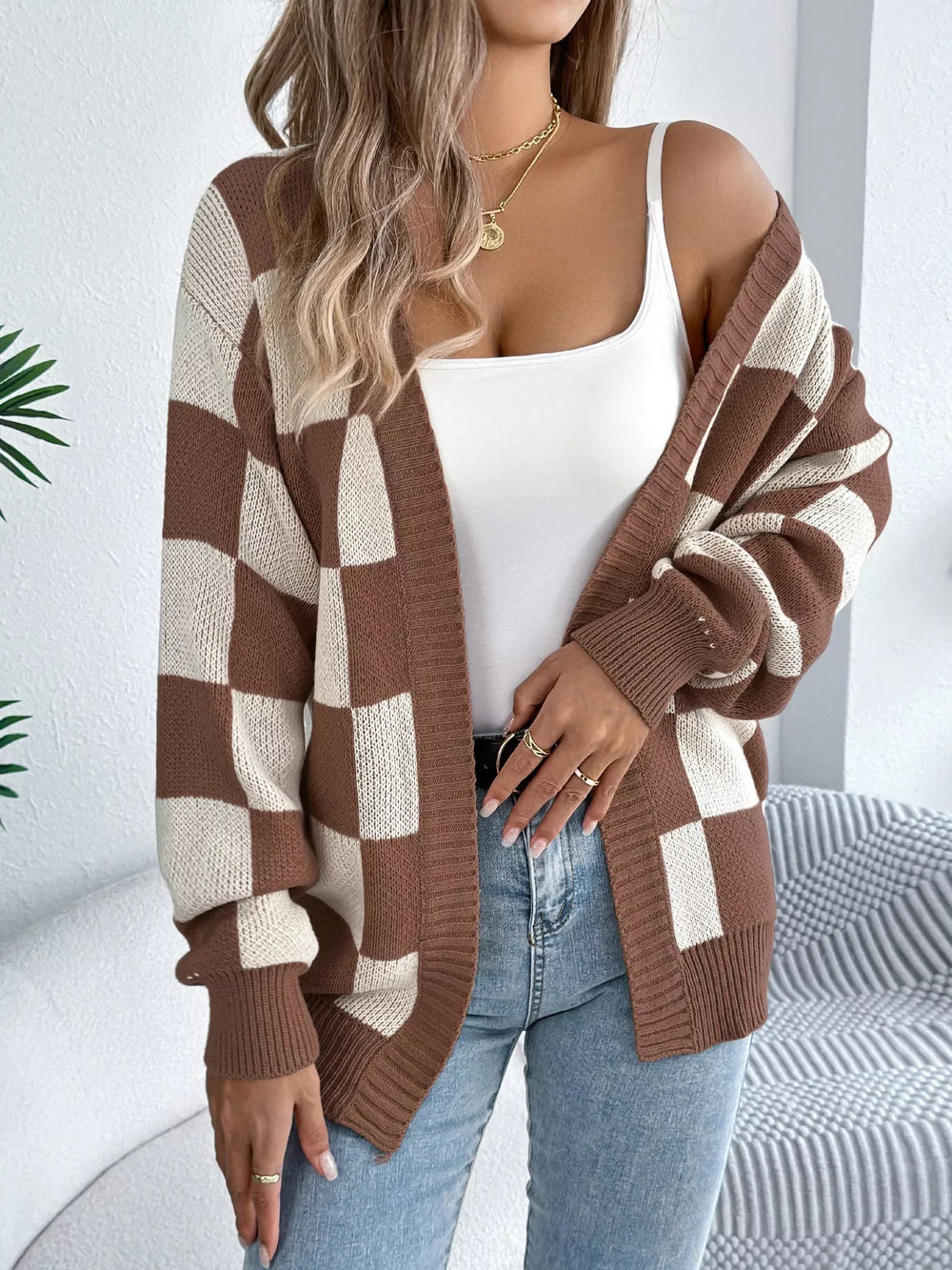 Burgundy Checkerboard Knit Cardigan - View 13 | TEVQA