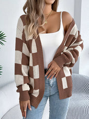 Burgundy Checkerboard Knit Cardigan - View 13 | TEVQA