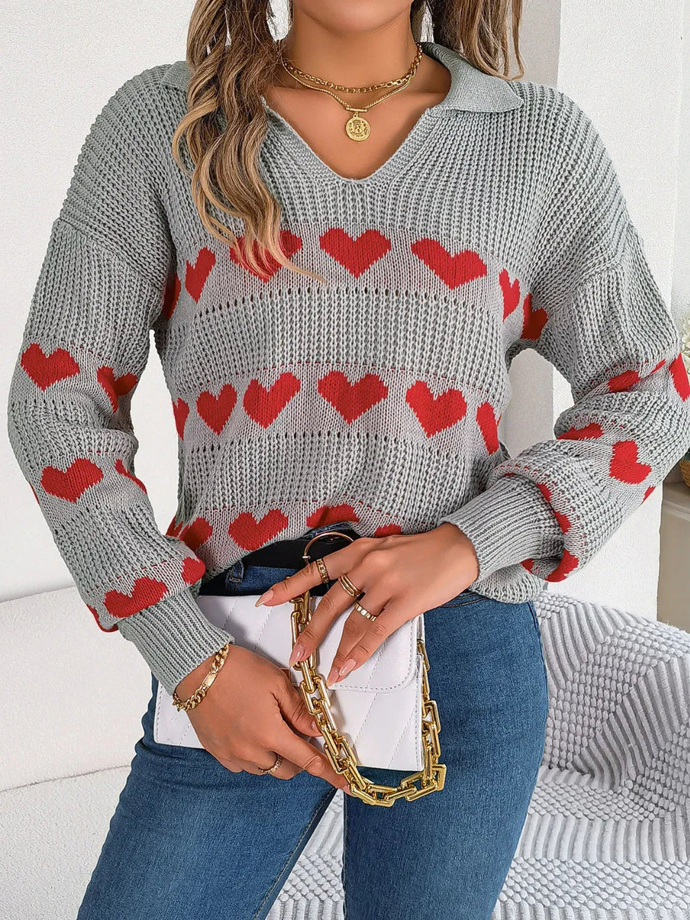 Collared Heart Print Knit Sweater - View 9 | TEVQA