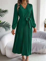 Vintage Khaki V-Neck Pleated Maxi Dress - TEVQA
