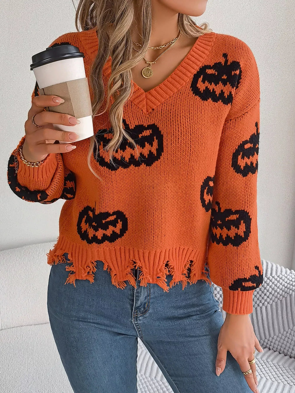Distressed Pumpkin Knit Sweater - View 15 | TEVQA