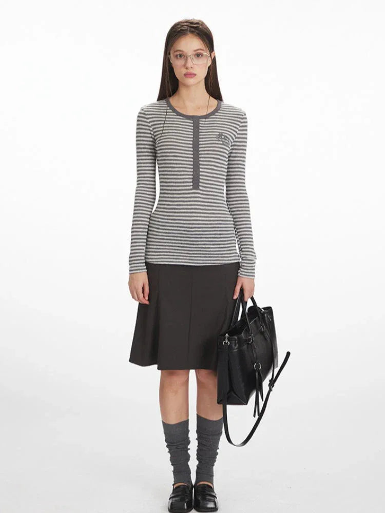 Vintage Grey Striped Henley Long Sleeve Top - TEVQA