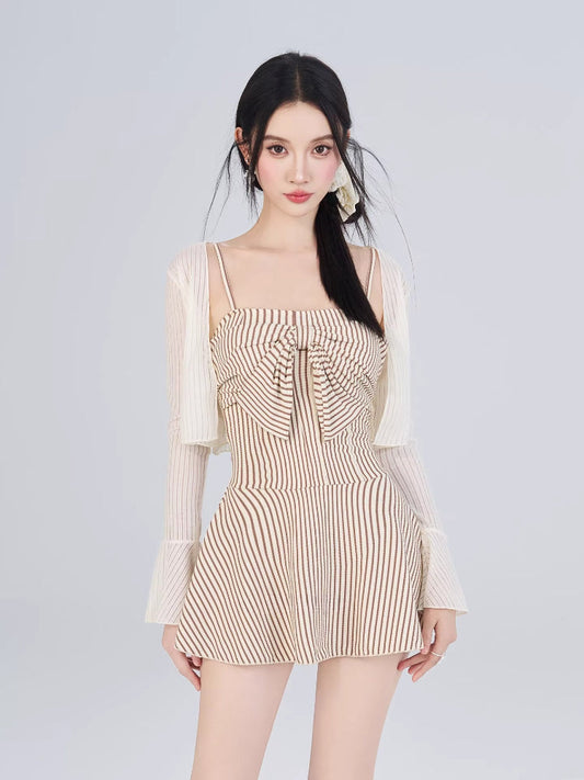 Brown Striped Bow Swim Dress Set