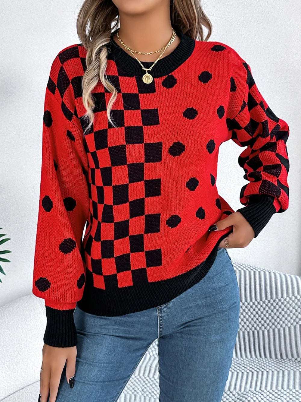 Gray Polka Dot & Checkerboard Knit Sweater - View 7 | TEVQA