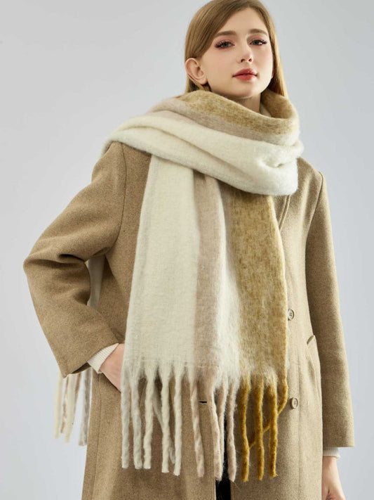Women's Oversized Color Block Scarf Soft Bouclé Knit with Fringe Tassels - Beige & Camel