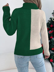 Back view of a woman wearing a two-tone knit sweater with a reindeer graphic and a turtleneck.