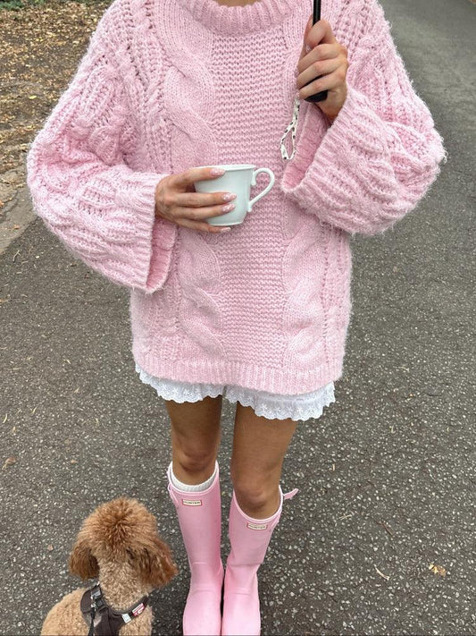 Dreamy Pink Chunky Cable Knit Sweater - TEVQA