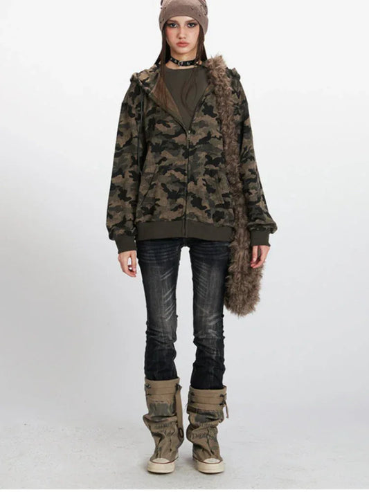 Y2K Vintage Aesthetic Camo Zip-Up Hoodie - TEVQA