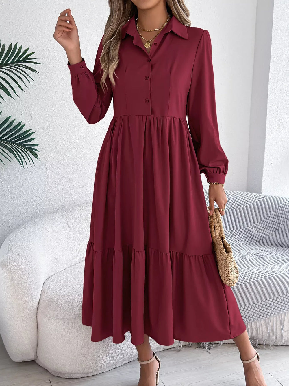 Navy Blue Ruffled Tiered Shirt Dress - View 28 | TEVQA