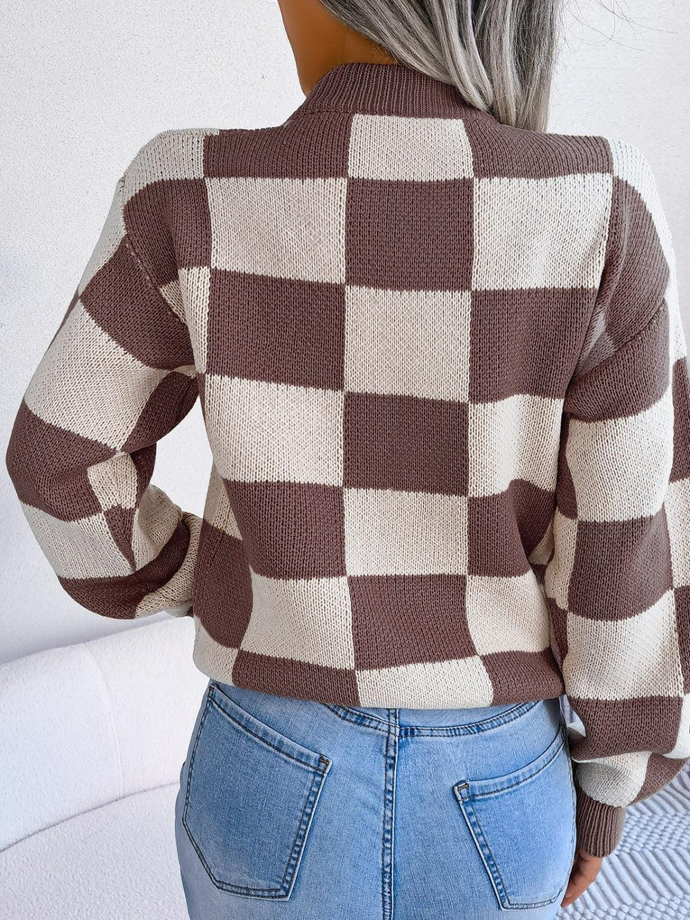 Black and white checkerboard knit mock neck sweater - View 23 | TEVQA