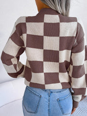 Black and white checkerboard knit mock neck sweater - View 23 | TEVQA