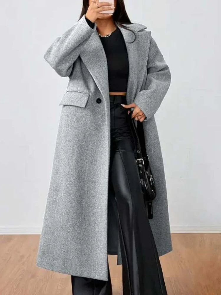 The Manhattan Grey Oversized Lapel Long Coat - TEVQA