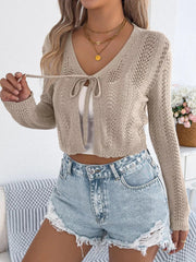 Pointelle Tie-Front Cardigan - View 10 | TEVQA