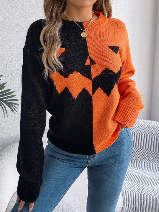 Spooky Chic Split Color Block Pumpkin Sweater - TEVQA