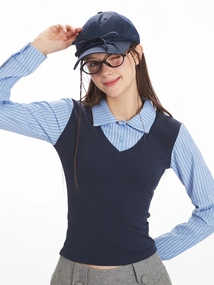 Preppy Faux Two-Piece Layered Top - TEVQA