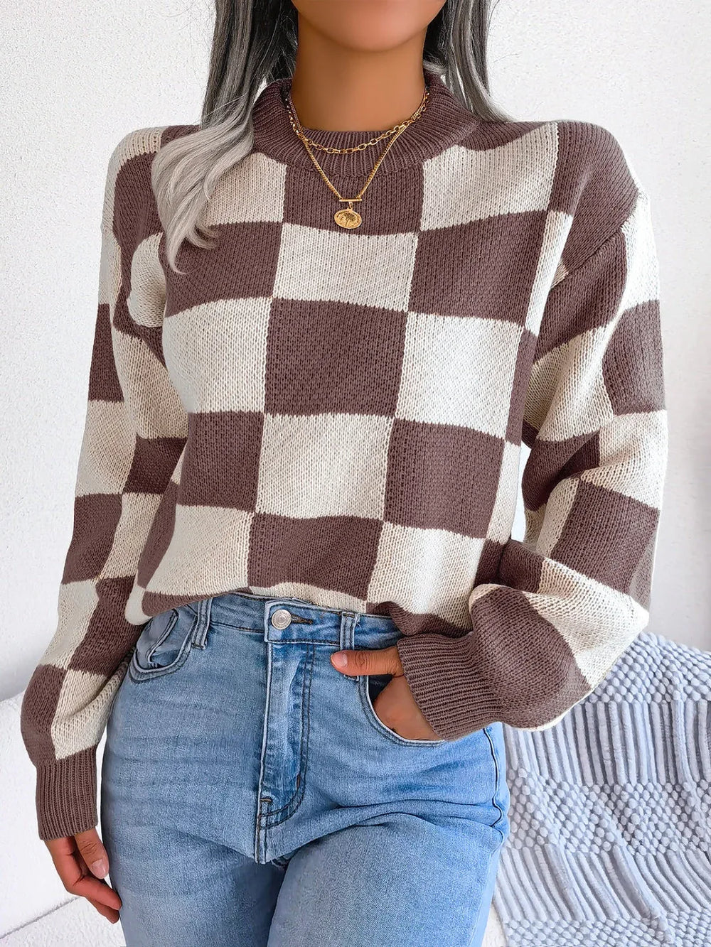 Black and white checkerboard knit mock neck sweater - View 20 | TEVQA