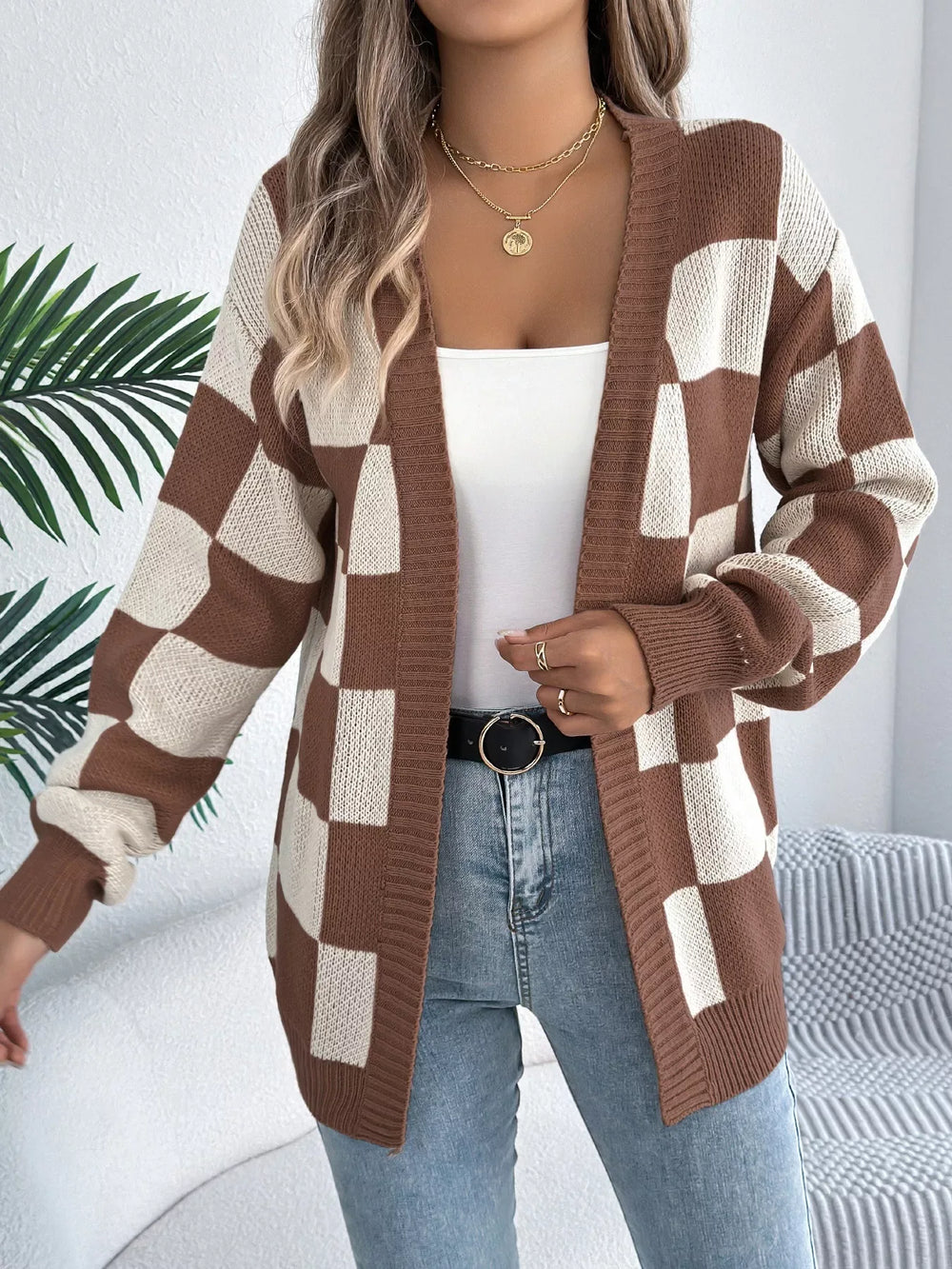 Burgundy Checkerboard Knit Cardigan - View 10 | TEVQA
