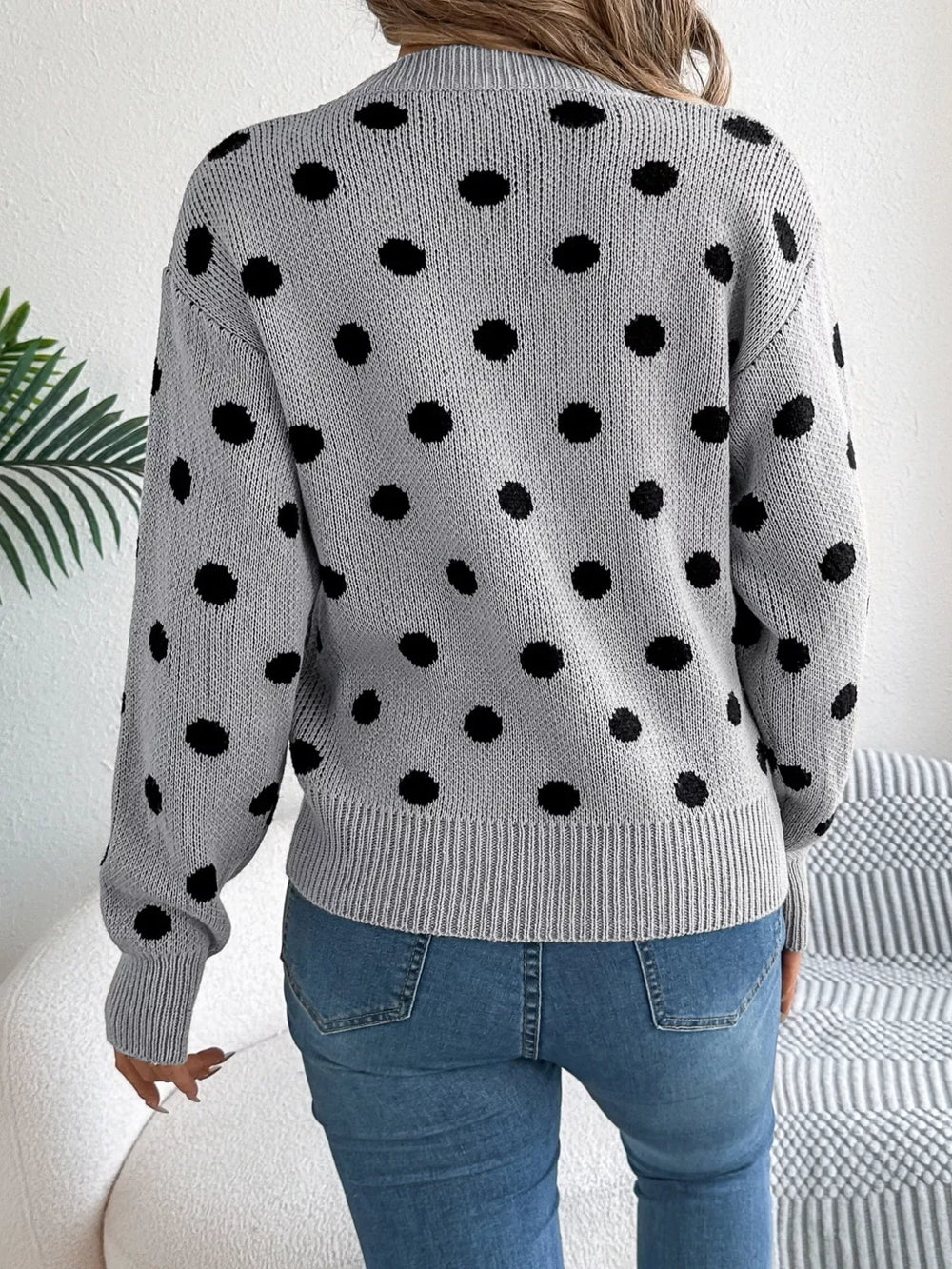 Camel Polka Dot Knit Sweater - View 15 | TEVQA